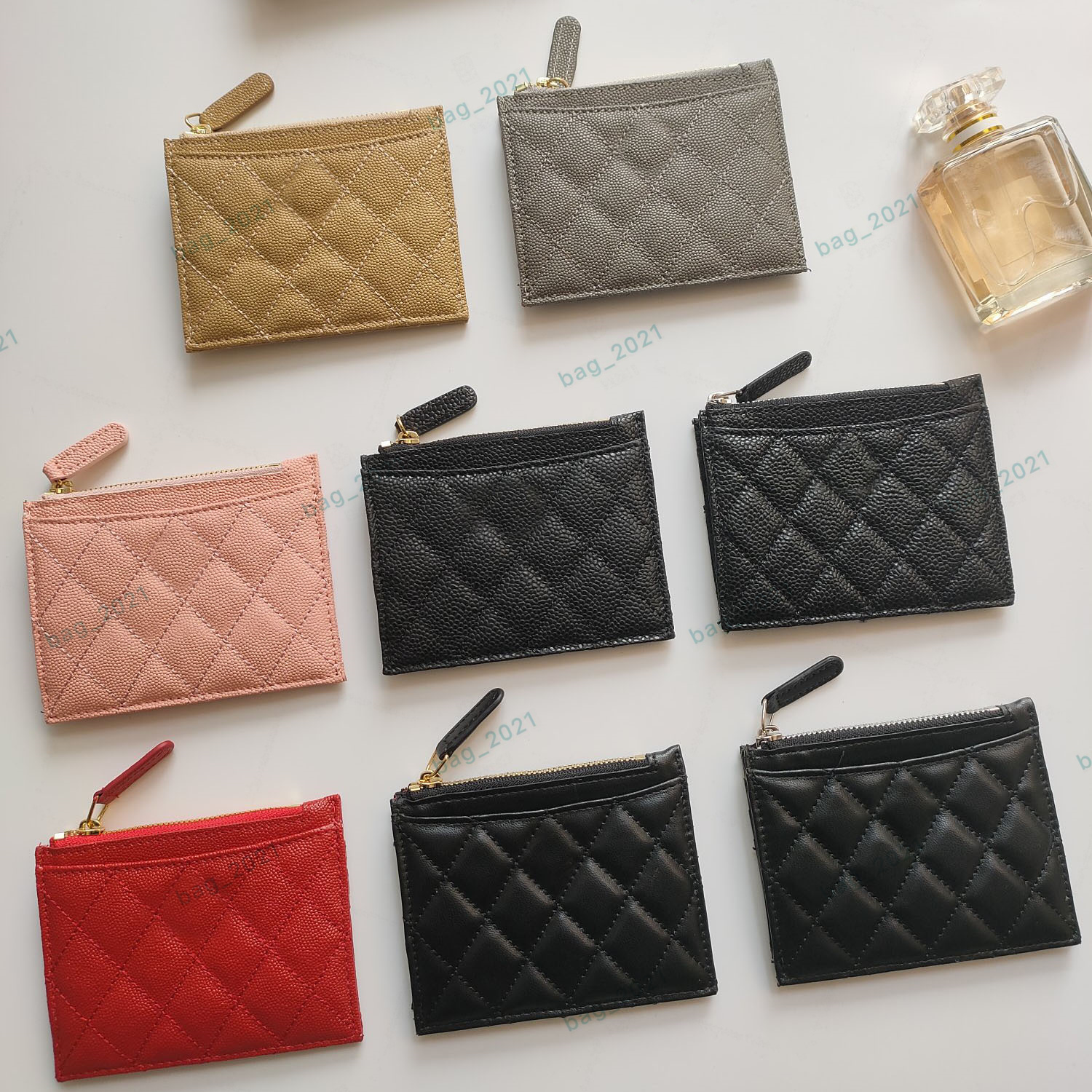 Womens Classic Card Holders Zipper Luxury Lambskin Caviar Quilted Black Purses High Quality Cowhide Credit Card Lady Small Mini Wallets With Box 84105