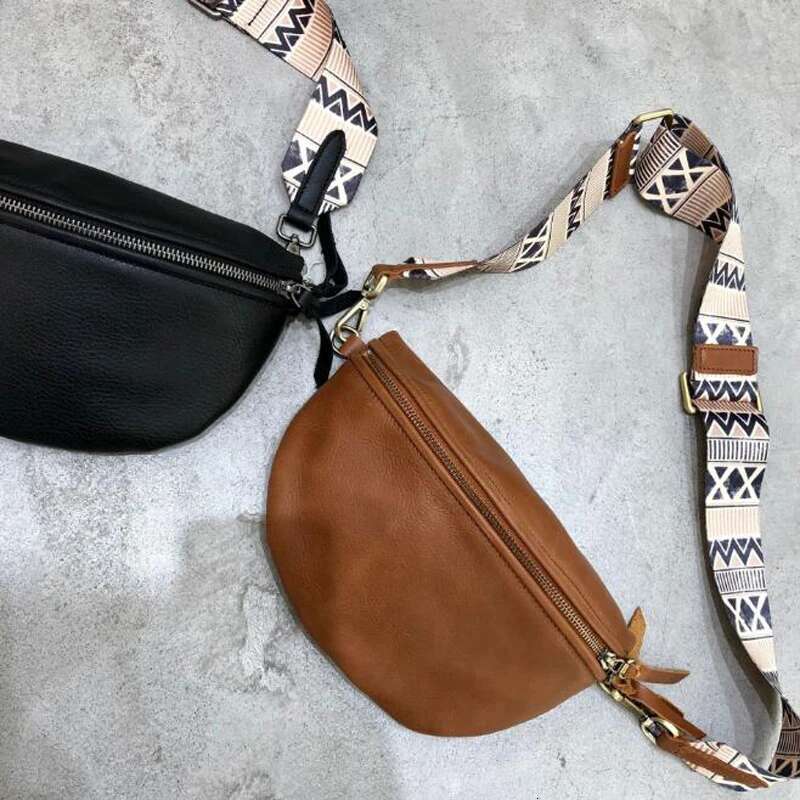 Genuine Leather Crossbody Women Half Round Wide Strap Messenger Cowhide Handbags Shoulder Bag