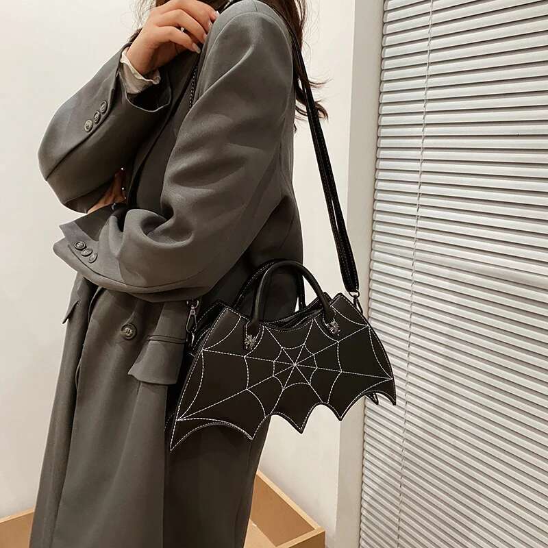 Brand Spider Web Embroidery Thread Women's Shoulder Handbag Leather Crossbody Designer Spoof Bat Bag Female Purse