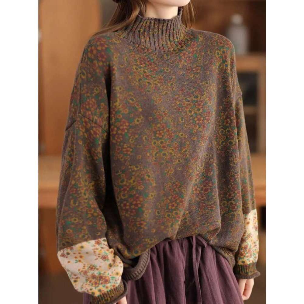 Pullover Mock Neck Long Sleeve Patchwork Print Ral 2024 Spring New Knitted Cotton Women Sweaters