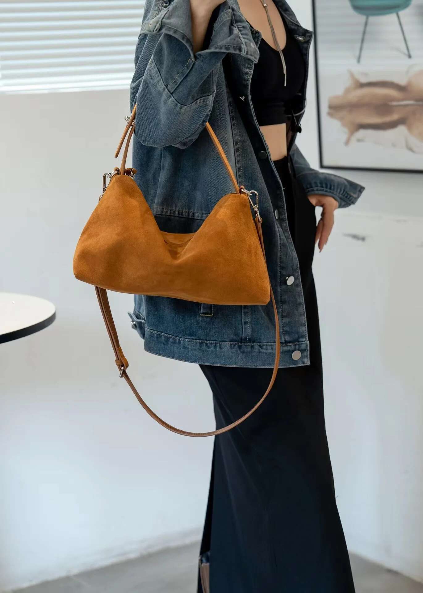 Fashion Autumn Winter Big Boston Tote Soft Matte Suede Cow Leather Women's Handbag Shoulder Crossbody Bag For Women Grey Brown Suede Cartoon BagV