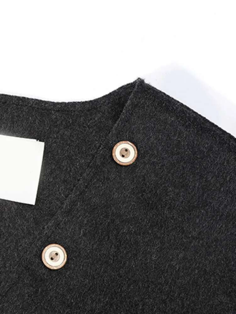 Black Gray Big Size Casual Woolen Coat New Scarf V-Neck Long Sleeve Women Jacket Fashion Tide Autumn Winter 2025 30A2749