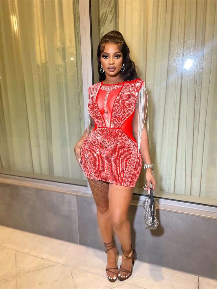 Weird Puss Mesh Patchwork Women Dress Chic Dias Tassel Sleeveless Slim Bag Hip Elastic Sexy Streetwear Nightclub Partywear