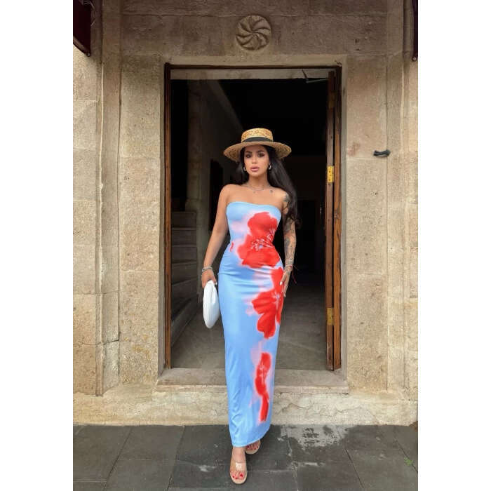 Women's European American Ins sexy slim fit printed strapless slit bag hip long dress factory wholesale 2025 new style chic and elegant clothing