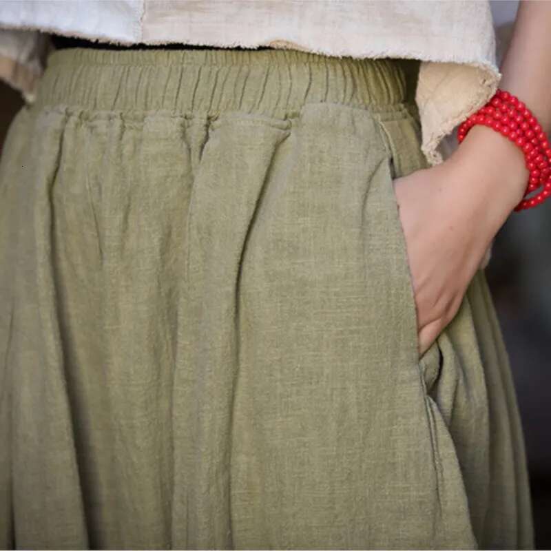 Women Chinese Style Bloomers Elastic Waist Autumn En Trouser 2024 New Solid Color Patchwork Pockets Pants