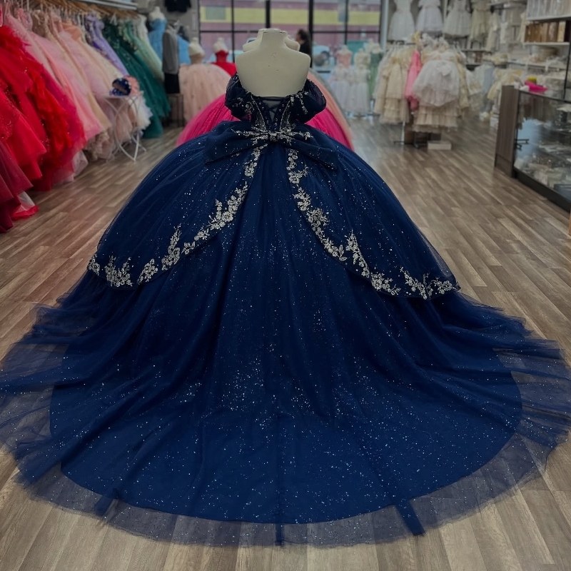 Navy Blue Shiny Quinceanera Dresses Ball Gown Off Shoulder Applique Beading Crystal Tull Party Birthday Sweet 16 Dress Vestidos 15 Anos