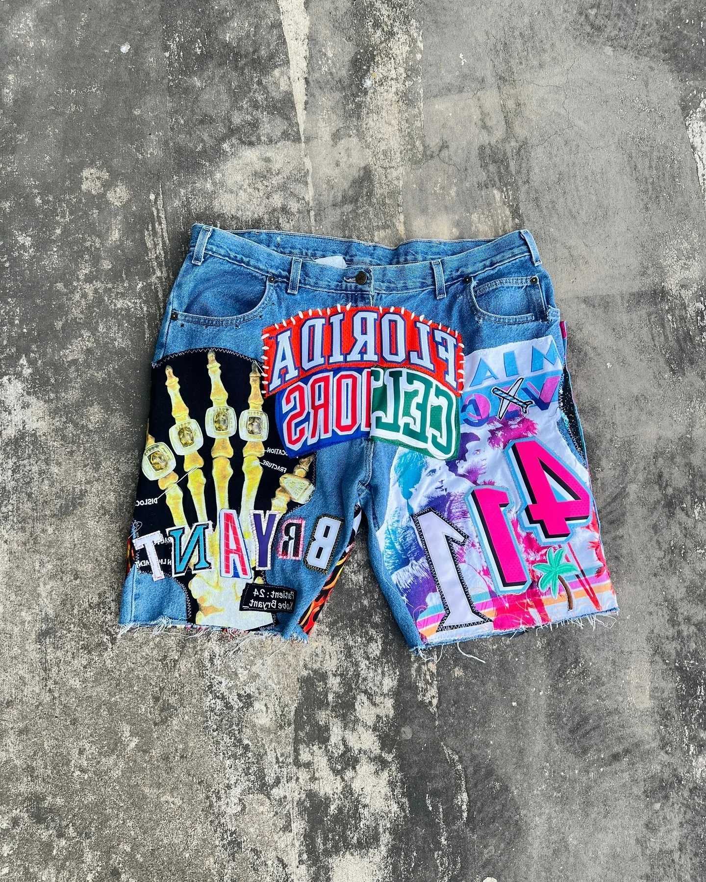 Patchwork Design Shorts Y2K Jeans Men Women Hip Hop Cartoon Graphics Embroidered Retro Blue Denim Fitness Shorts Casual ShortsT250215