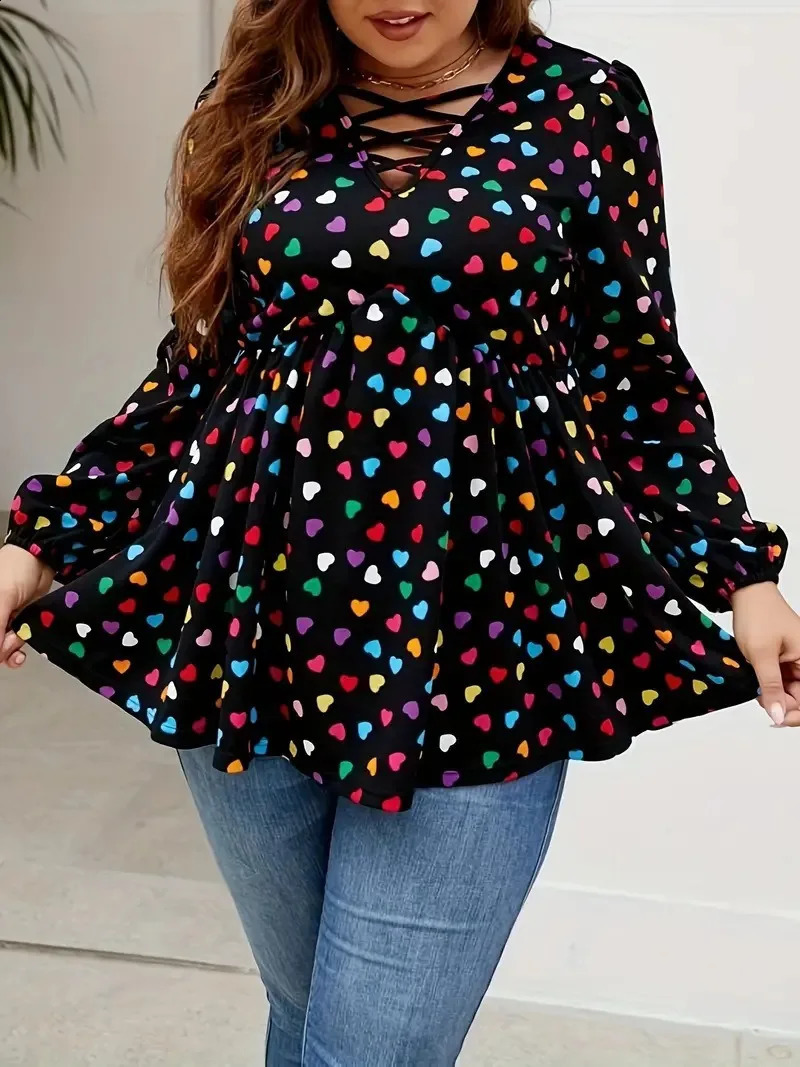 GIBSIE Plus size heart-shaped printed V-neck Peplum shirt for womens spring autumn sweet casual long sleeved womens pleated hem top 250210