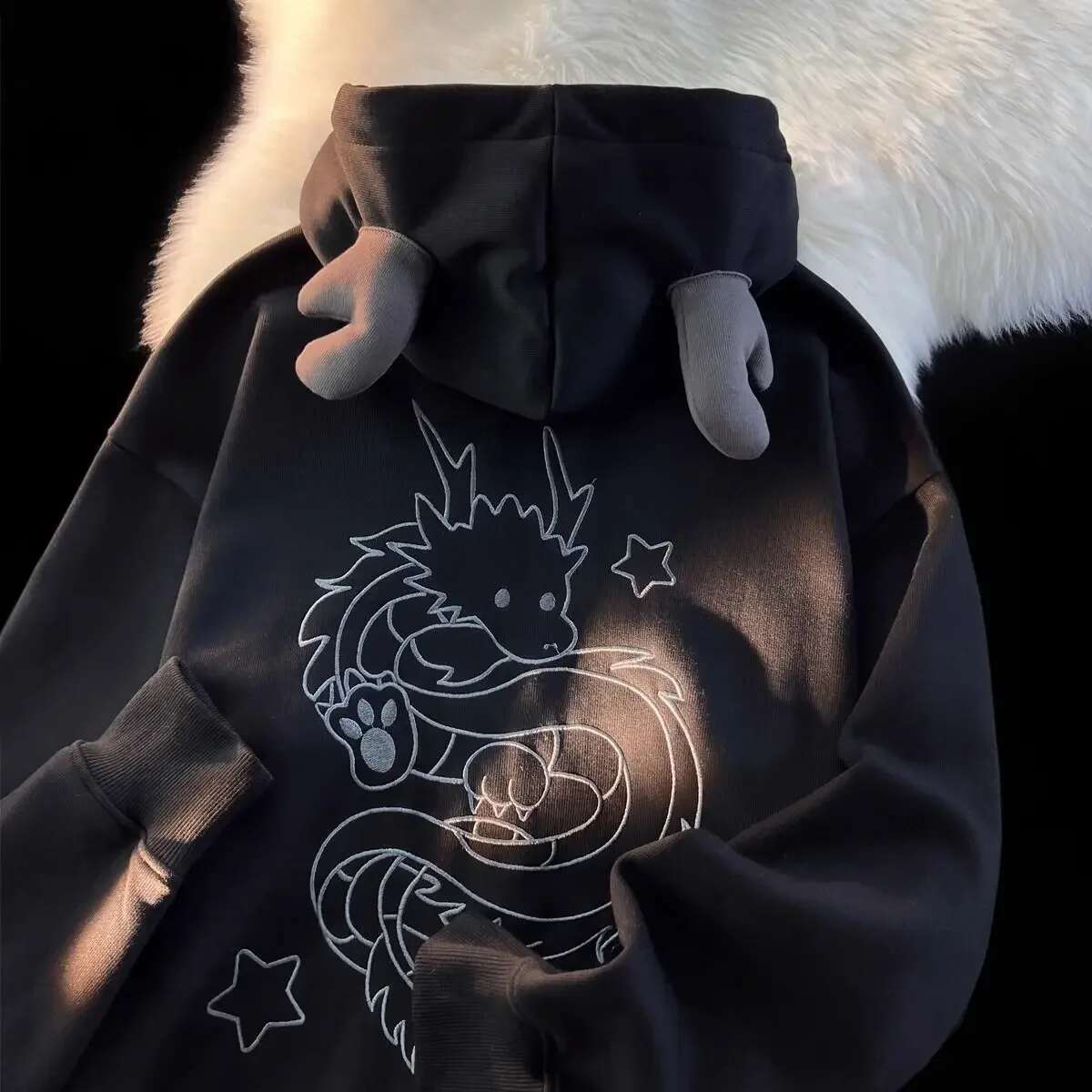 Haruku New Zip Up Year of The Dragon Embroidered Hoodies Long Sleeve Pullover Clothes Couple Veet Sweatshirt Hoodie