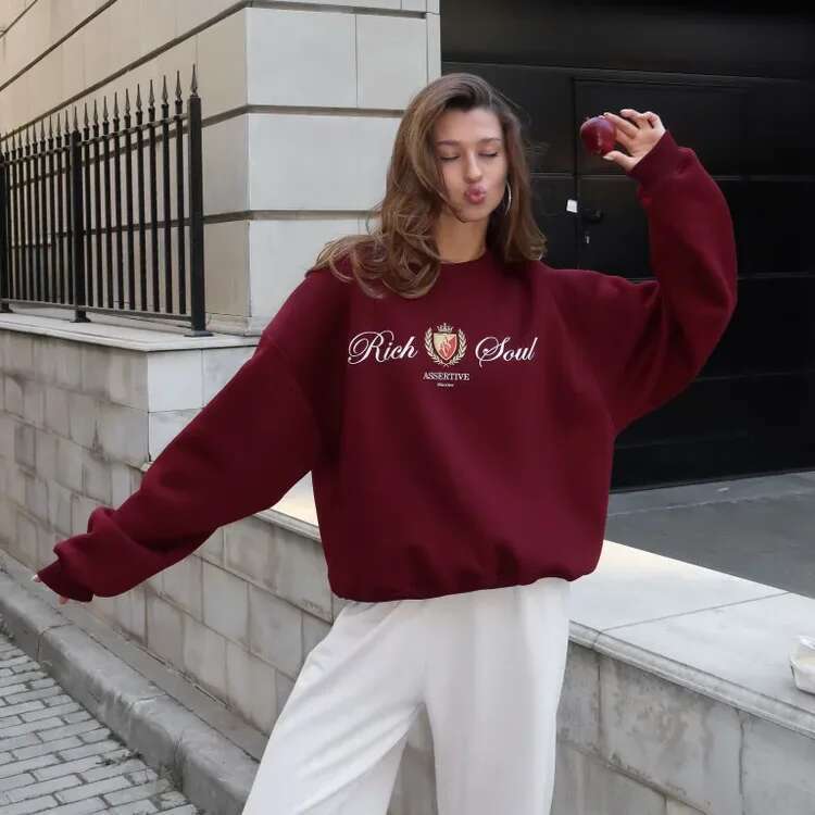 Women's Autumn/Winter Hoodie with European American Style Versatile Charm, Niche Printed Round Neck and Veet Warm Top