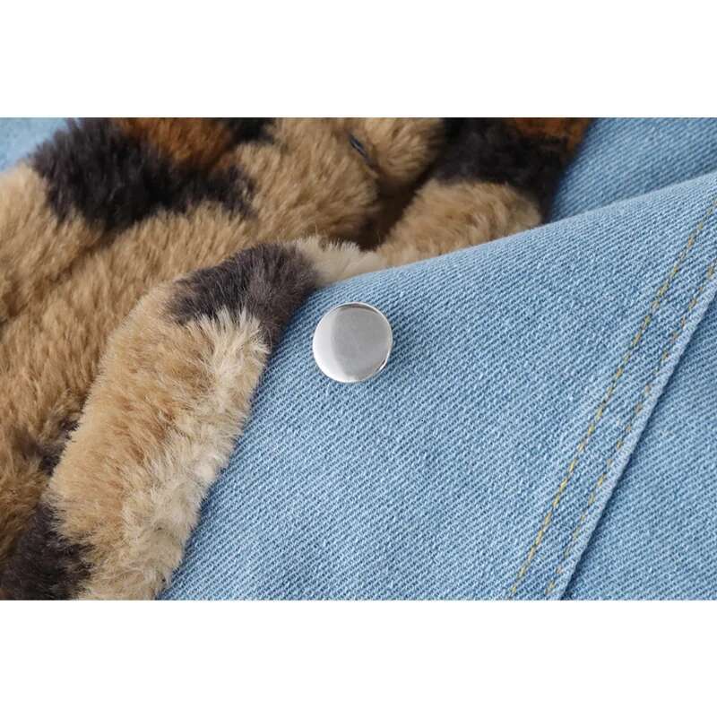 Women's Lamb Wool Denim Winter Long Sleeves Streetwear Chic Design Leopard Print Fashion Casual Baggy Jean Jackets Coat