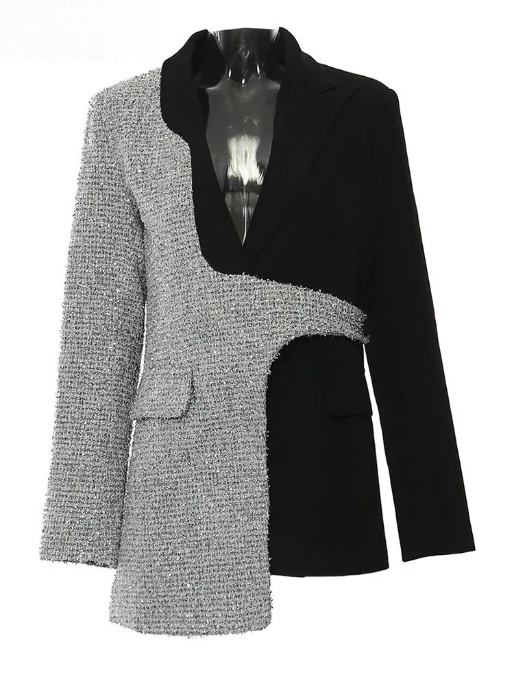 Women Black Irregular Color-Block Elegant Blazer New Lapel Long Sleeve Jacket Fashion Tide Spring Autumn 2025 1Dh7642