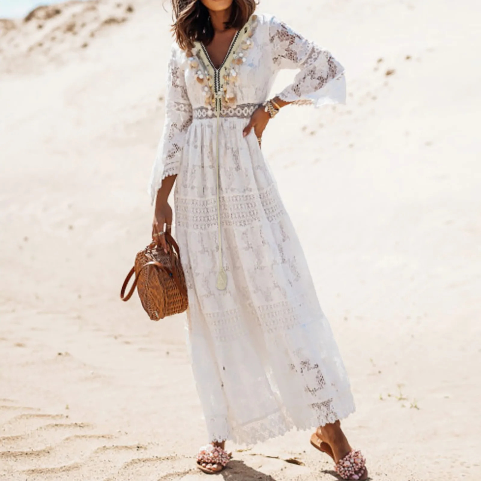 Summer Boho Long Dresses Women V Neck Flare Sleeve Crochet Lace Holiday Dress Lady Beach Sundress Dress Womens Dresses 250213