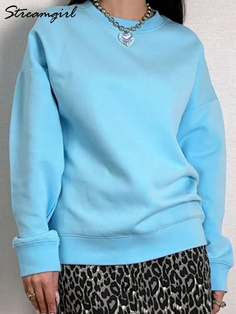 No Hood Cotton Long Sleeve Tops Basic Solid O Neck Sweatshirts For Women Oversized Pullovers Spring