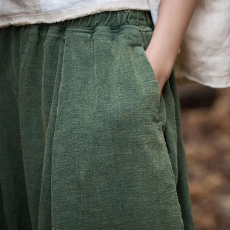 Women Chinese Style Bloomers Elastic Waist Autumn En Trouser 2024 New Solid Color Patchwork Pockets Pants