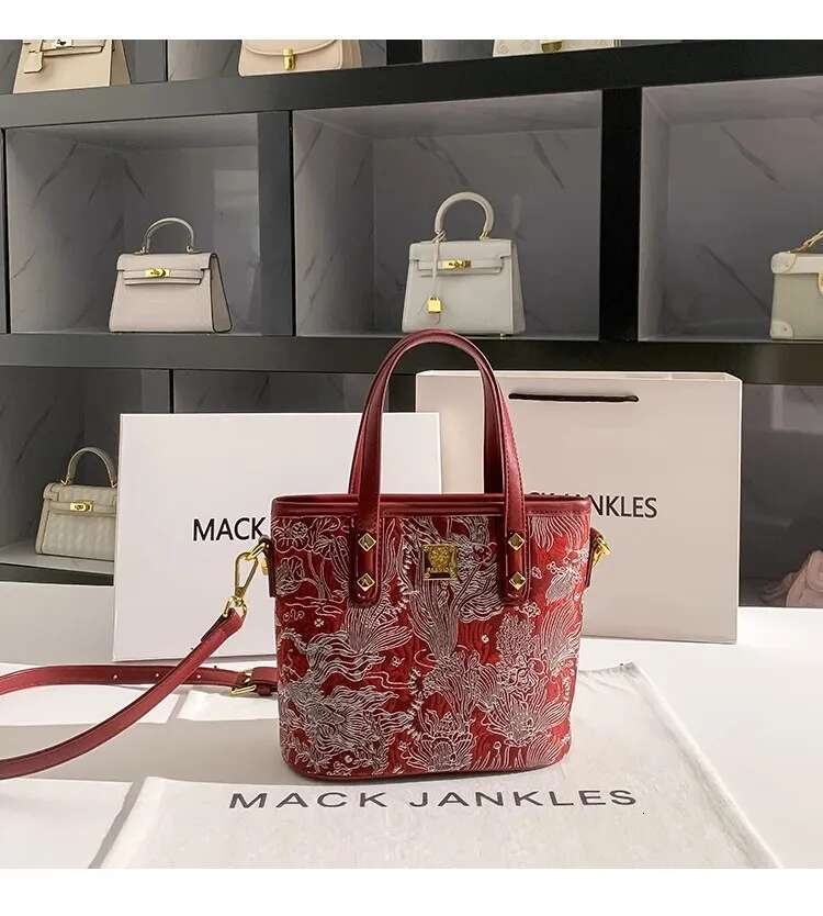 Fashion Embroidery Red Color Bucket Large Capacity Women's Handbag Tote Lady Purse Shoulder Messenger Wedding Bag