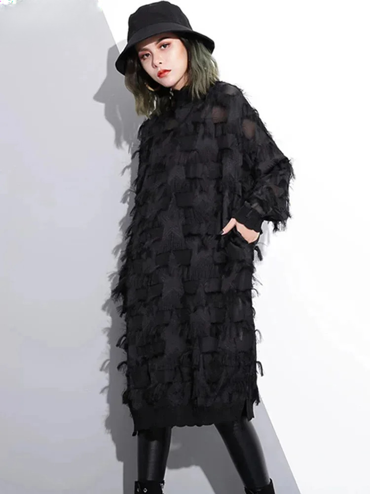 Black Perspective Split Joint Dress Women New Round Neck Long Sleeve Loose Fit Fashion Tide Spring Autumn 2025 Ji78001