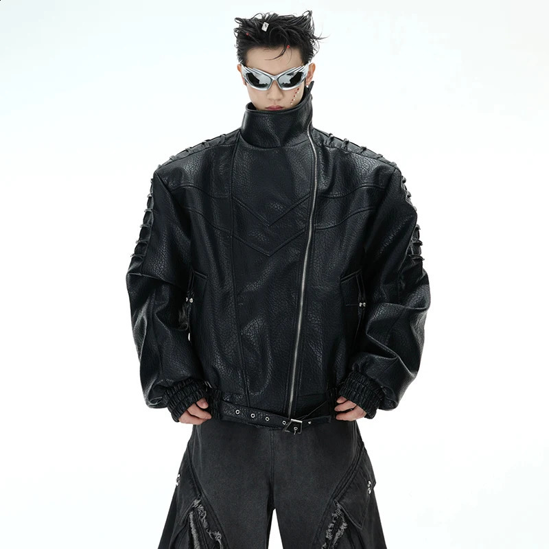 LUZHEN Asymmetric Slant Zipper Placket Wave Shoulder Stand Neck Leather Jacket Mens Original Street Coat LZ8424 250214