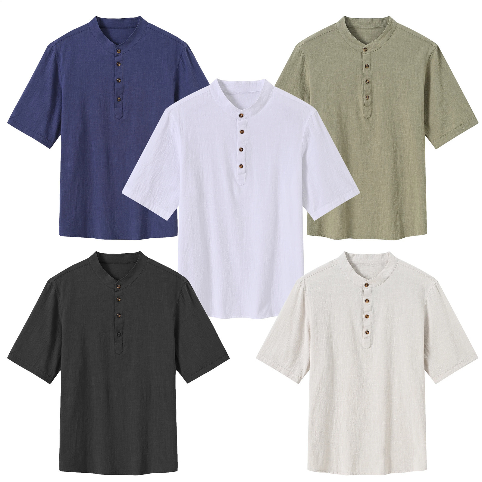 Mens Breathable Cotton Short Sleeve Shirts Solid Color Stand-Up Collar Tops Hawaii Beach Henley Shirts 250213