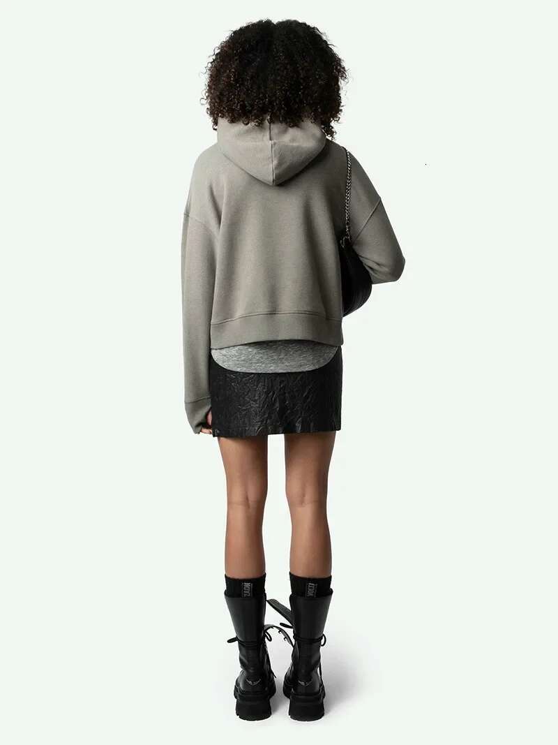 100% cotton gray Hoodie women Embroidered letter long sleeve pockets hooded sweatshirt female 2024 Fall Collection