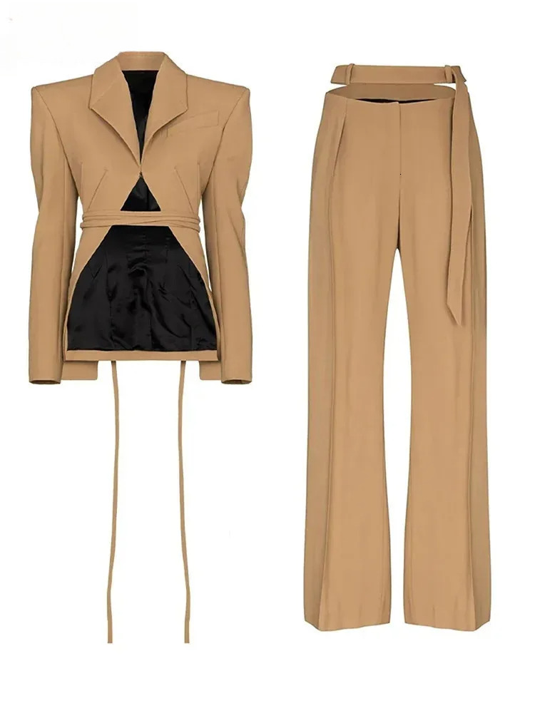 Khaki Bandage Blazer Wide Leg Pants Two Piece Suit New Lapel Long Sleeve Women Fashion Tide Spring Autumn 2025 1Dh4857