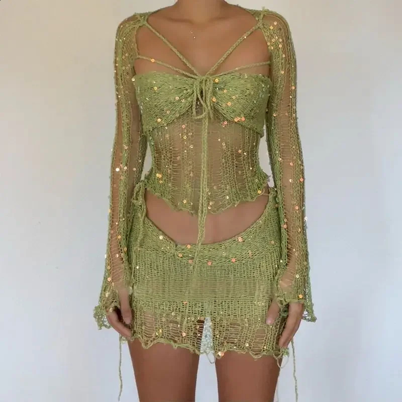 Sexy Sequins Knitted Hollow Out Two Piece Set Women Long Sleeve Cropped Top Mini Skirts Fashion Skirt Sets Female Outfits 250214