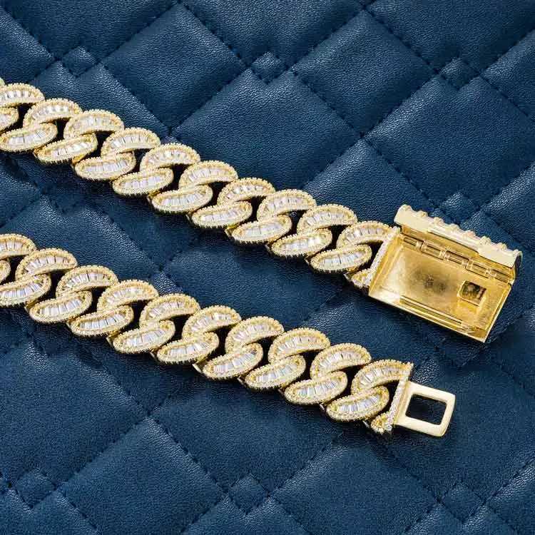 Custom 18mm Baguette Chain Cuban Moissanite 925 Silver Hip Hop Vvs Diamond Moissanite Baguette Cuban Link Chain