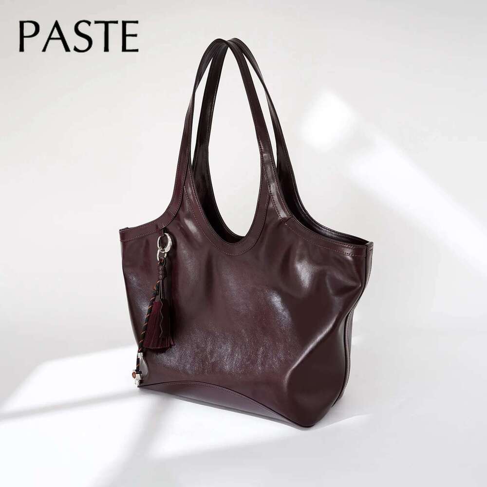 New Retro Style Large Sector Tote Glossy Resistant To Dirt Cow Leather Women Handbag Simple Commuter Shoulder Bag