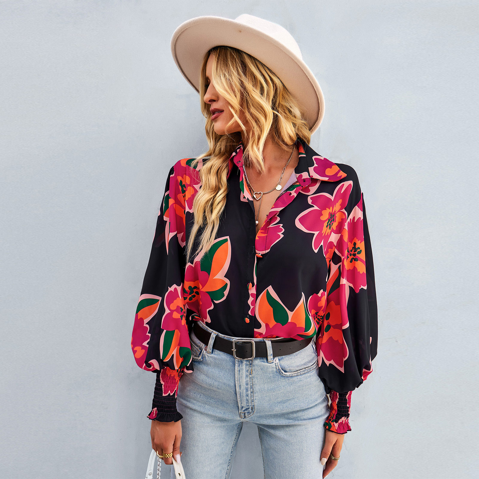2024 Spring and Autumn Women's Contrast Printed Shirt Long Sleeve Loose Polo Collar Versatile Top