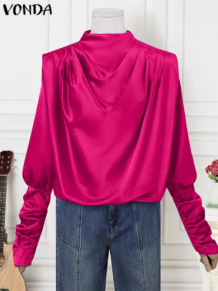 Plus Size VONDA Elegant Ruffled Blouse Fashion Shirts Women Casual Lantern Long Sleeve Tops Stand Collar Solid Color Blouses 250210
