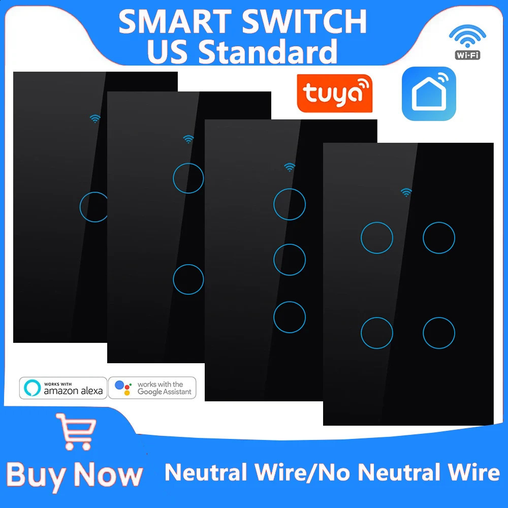 Smart Switches US Neutral WireNo Wire Required Light WiFi Touch Switch 1234 Gang Via Alexa Google Home Alice 250213