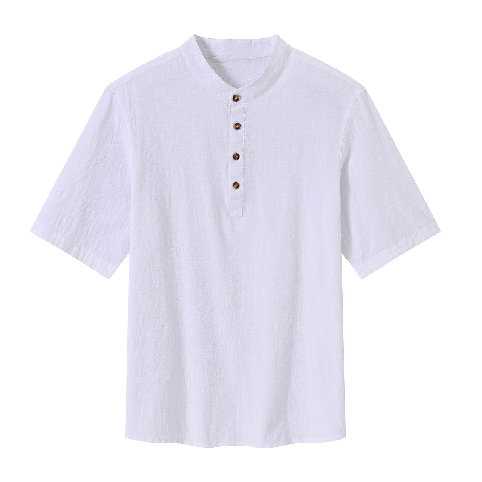 Mens Breathable Cotton Short Sleeve Shirts Solid Color Stand-Up Collar Tops Hawaii Beach Henley Shirts 250213