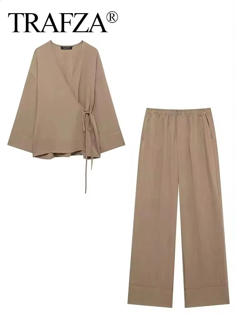 TRAFZA Women Vintage Solid Pajama Style Blouse Pants Sets V Neck Long Sleeve Lace Up Shirt Elastic Waist Trousers Loose Outfit 250213