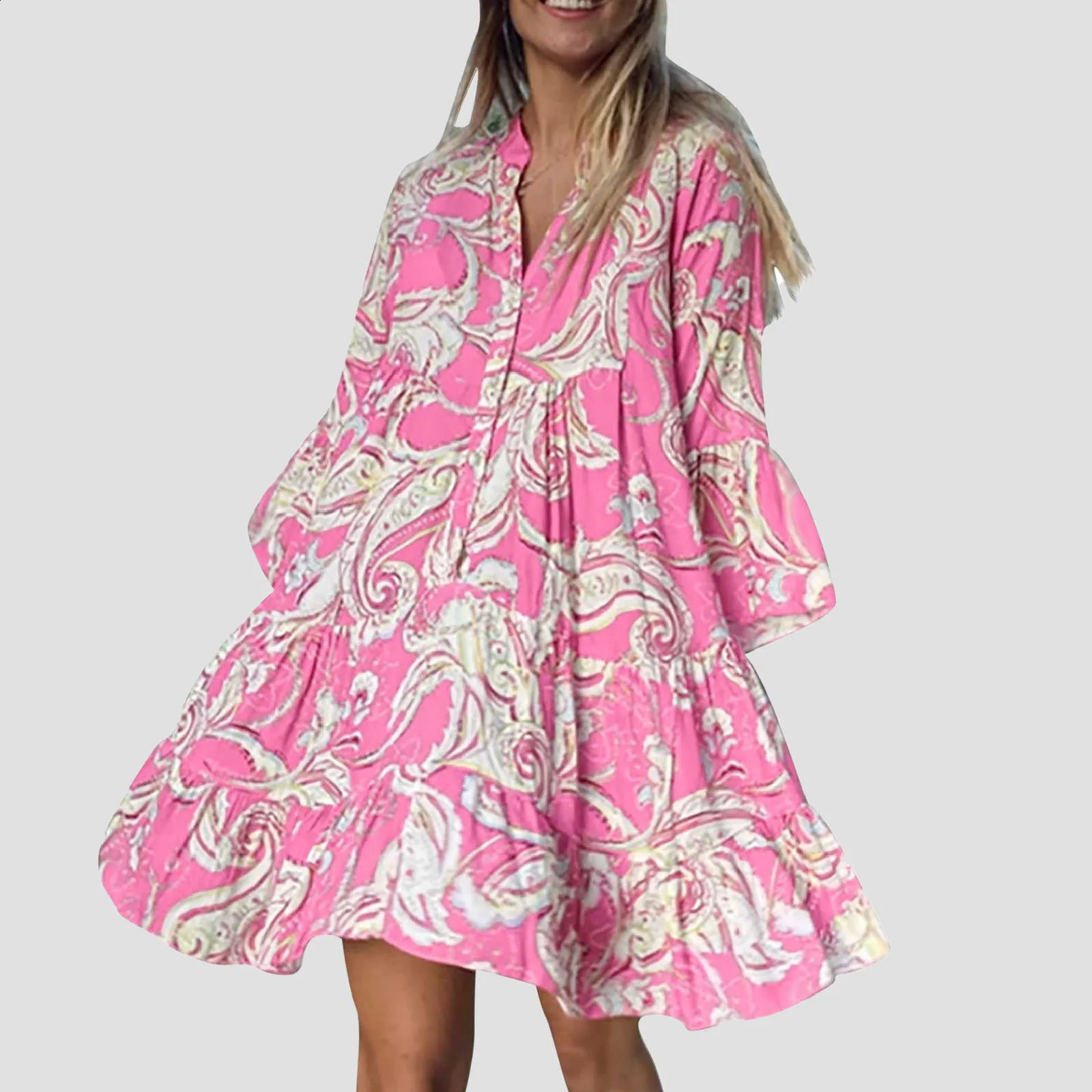 Fashion Summer Dresses Womens Summer Casual V Neck 3/4 Sleeve Boho Print Beach Dress Flowy Swing Vacation Womens Dresses 250213