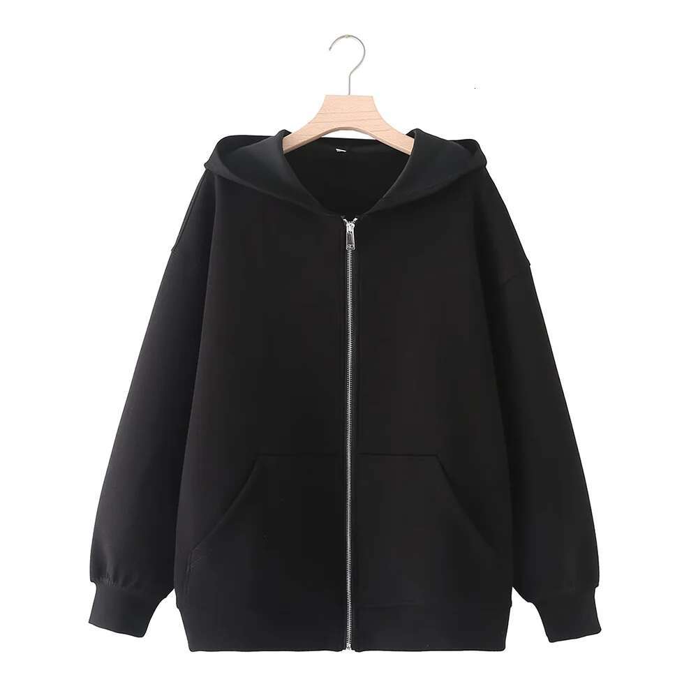 ZATT 2024 Autumn New Collection Simplicity Loose Casual Streetwear Easy Match Two Colors Hooded Zipper Women Sweatshirt Jacket