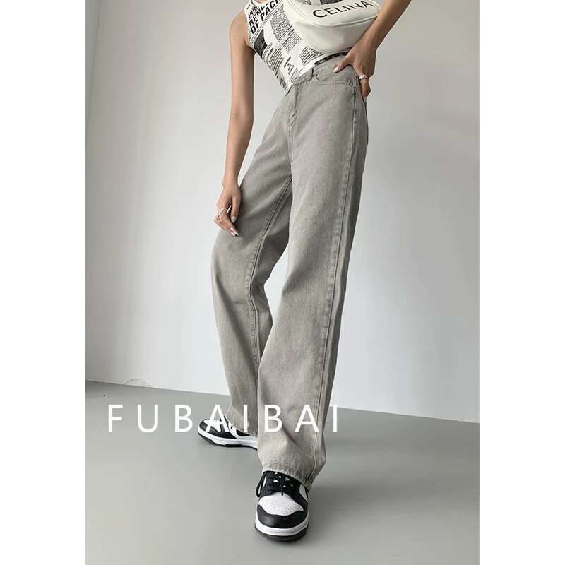 Grey Womens Jeans High Waist Vintage Straight Baggy Pants Streetwear American Style Fashion Casual Wide Leg Denim Trouser