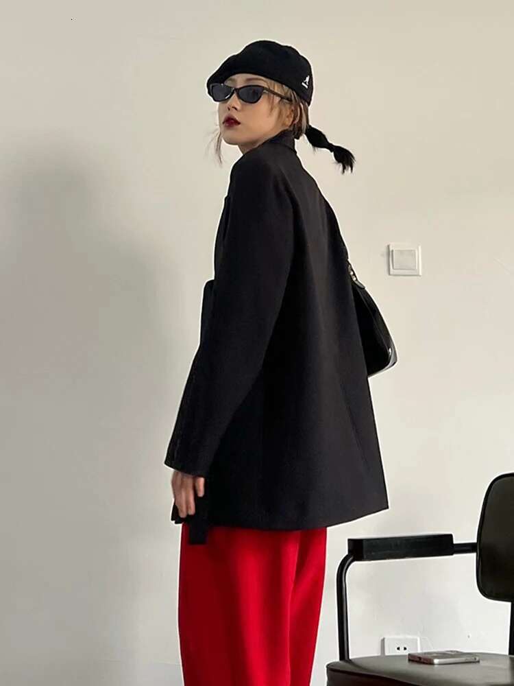 Black Belted Split Casual Blazer Women New Lapel Long Sleeve Loose Fit Jacket Fashion Tide Spring Autumn 2025 30A1768