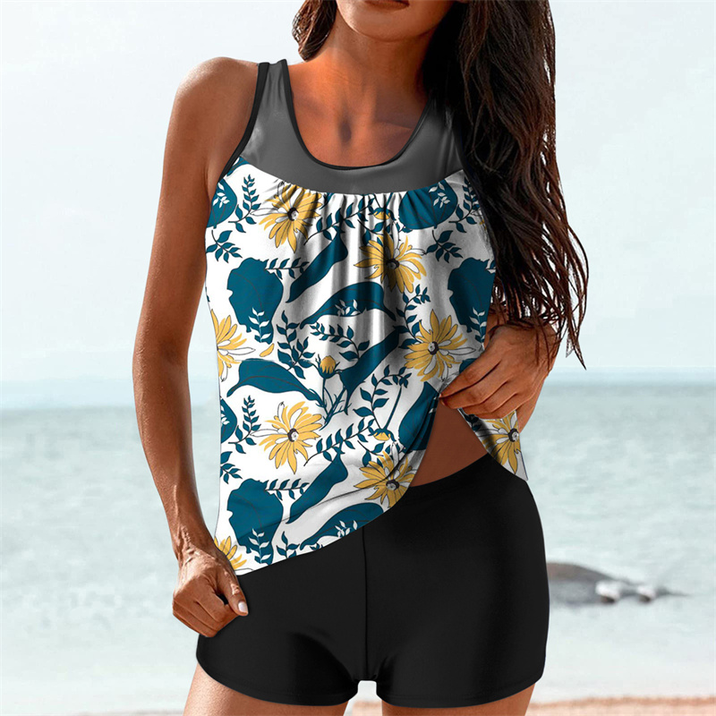 Womens Blouson Printed Push up Strappy T-Back Tankini Top with BoyShorts