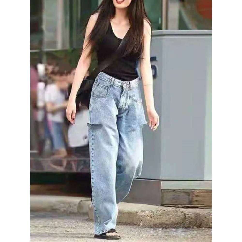 2025 Women Summer Autumn Winter Knife Cuts Holes Pants Wide Leg High Waist Jeans Street Trendsetters