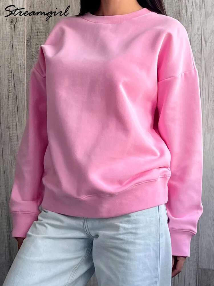 No Hood Cotton Long Sleeve Tops Basic Solid O Neck Sweatshirts For Women Oversized Pullovers Spring