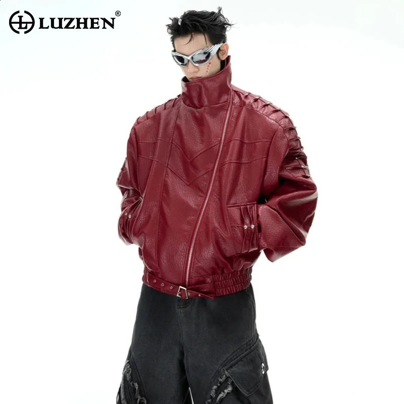 LUZHEN Asymmetric Slant Zipper Placket Wave Shoulder Stand Neck Leather Jacket Mens Original Street Coat LZ8424 250214