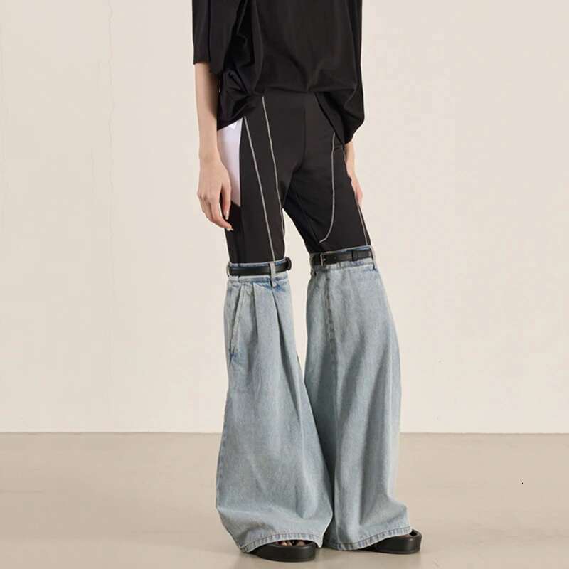 Fashion Contrast Color E Jeans Women's Removable Belt Elastic High Waist Slim Full-Length Denim Pants New