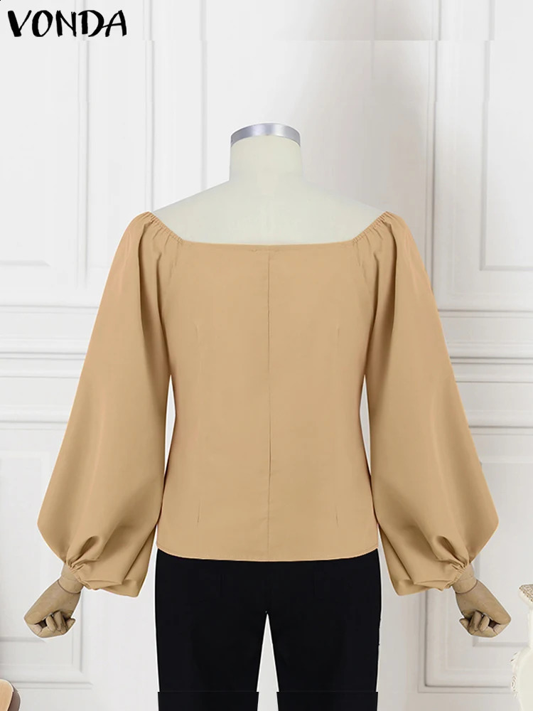 Plus Size Elegant Women Blouse VONDA Casual Lantern Long Sleeve Blouses Solid Off The Shoulder Shirts Fashion Commuting Tops 250210