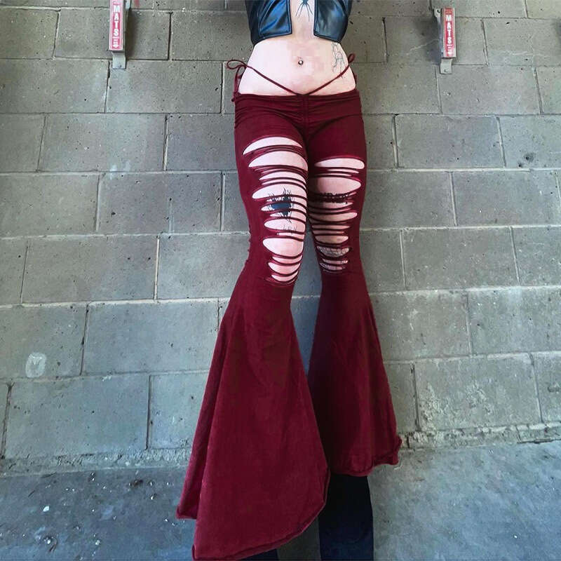 European American women's sexy spicy girl low waist lace up hollow, wrinkled and torn hole bell bottom long pants 2025 new casual fashion trend c