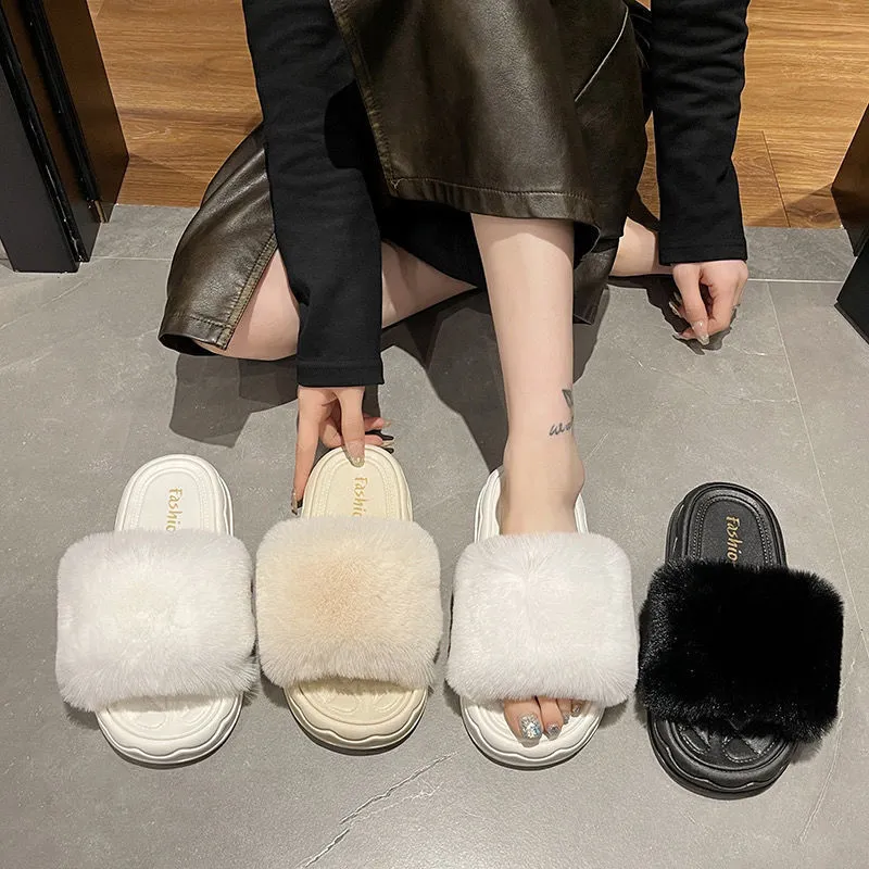 2024 Women's slippers for outdoor wear in autumn and winter, new shiny flat bottom one e slippers, internet famous fashionable fur shoes