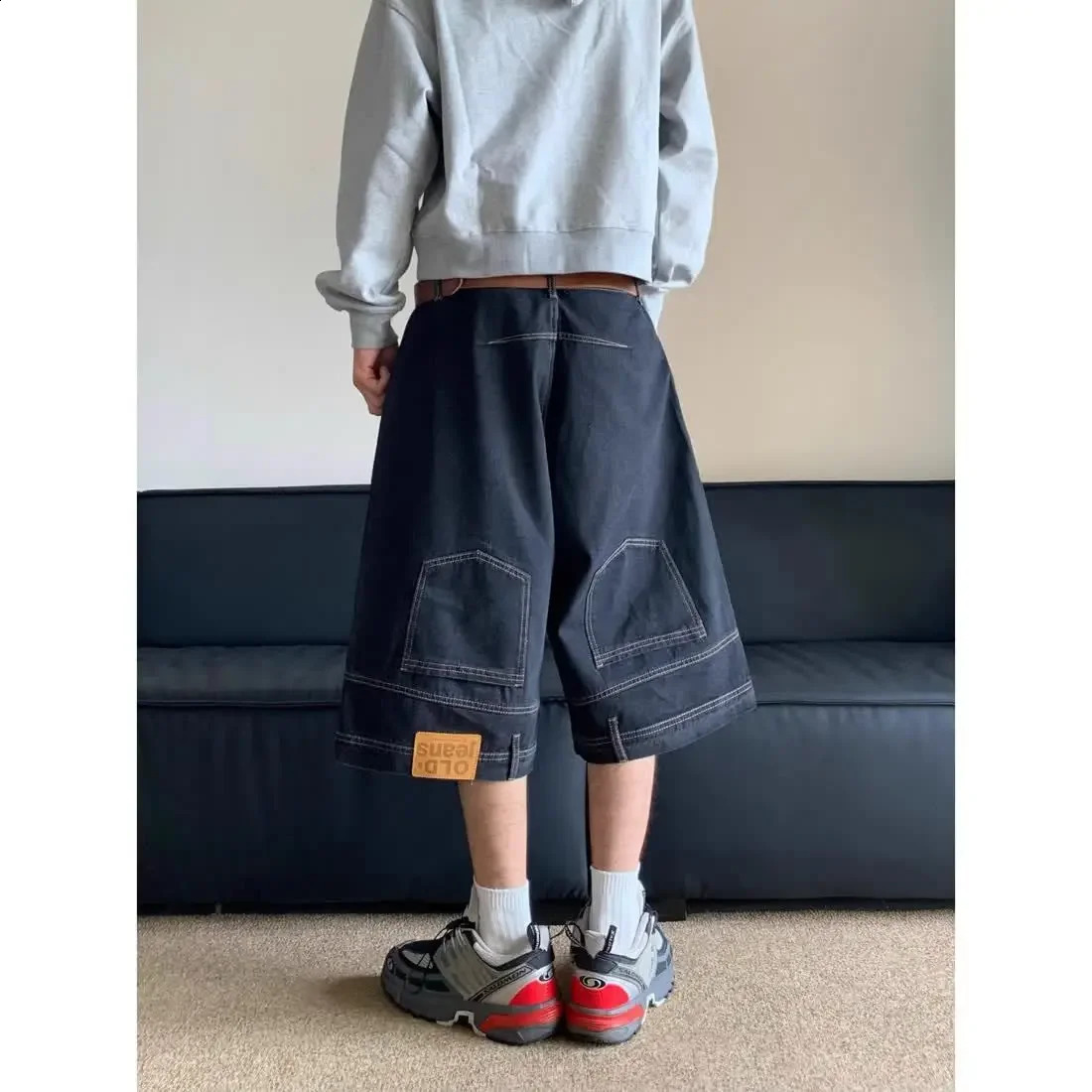 Hip hop retro waist reversal mens denim shorts Instagram Gothic streetwear loose straight leg pants sports pants 250210