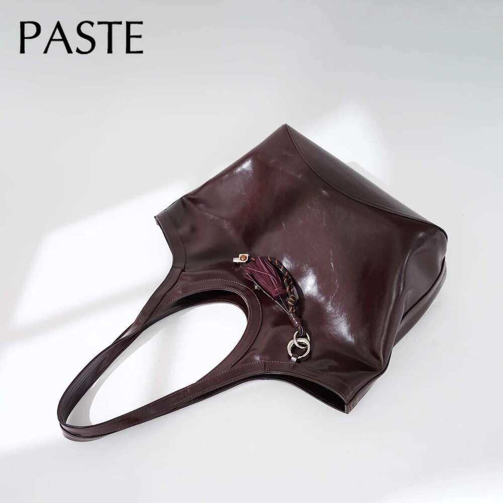 New Retro Style Large Sector Tote Glossy Resistant To Dirt Cow Leather Women Handbag Simple Commuter Shoulder Bag