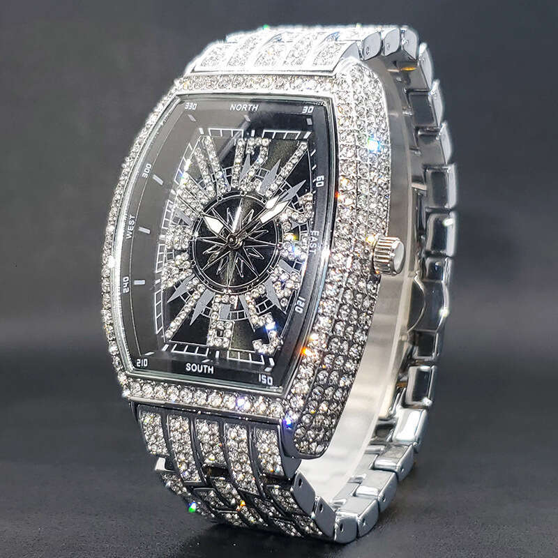 Full Diamond Hip Hop Strange Digital Men's Wine Bucket Black Plate Handsome Rap Quartz Watch