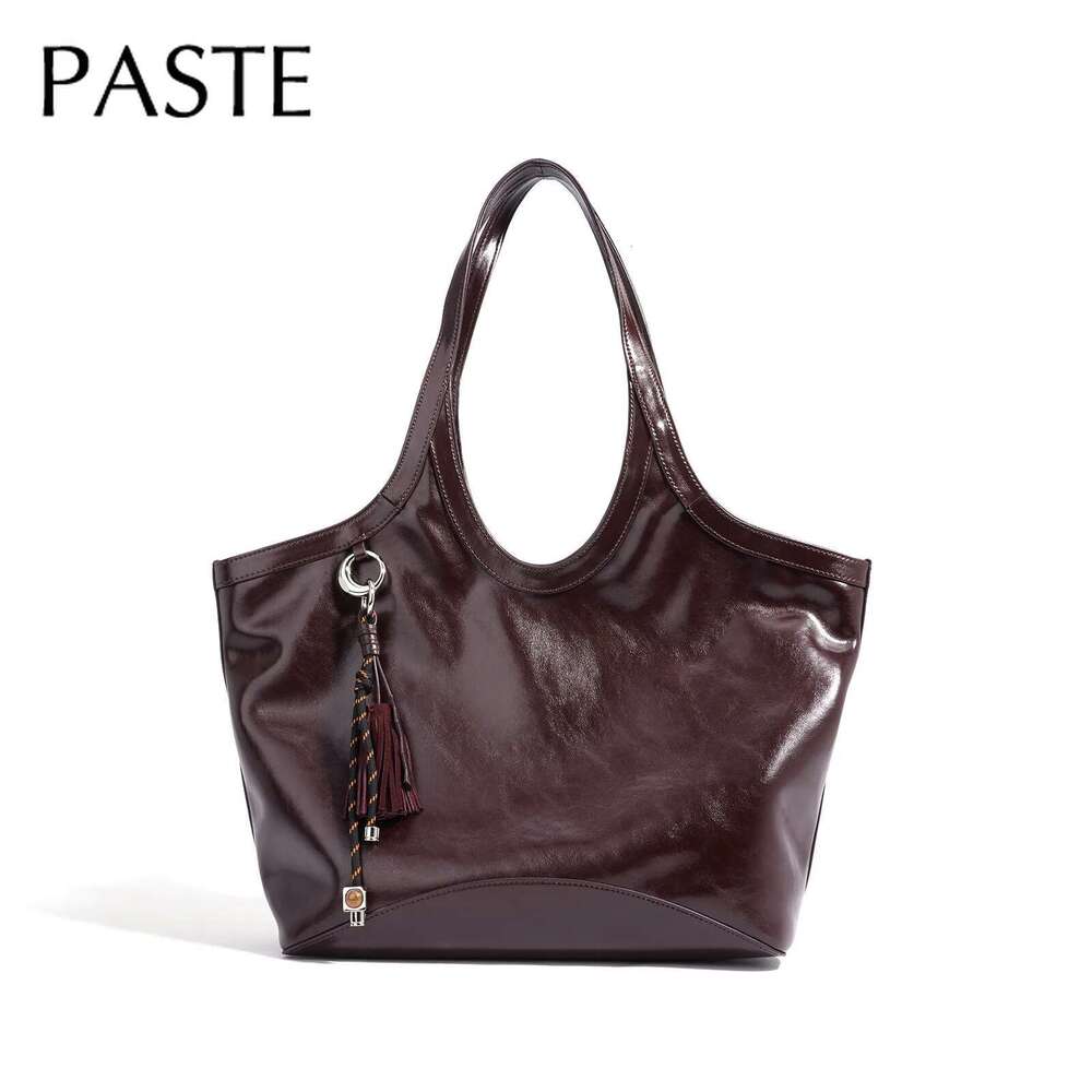 New Retro Style Large Sector Tote Glossy Resistant To Dirt Cow Leather Women Handbag Simple Commuter Shoulder Bag