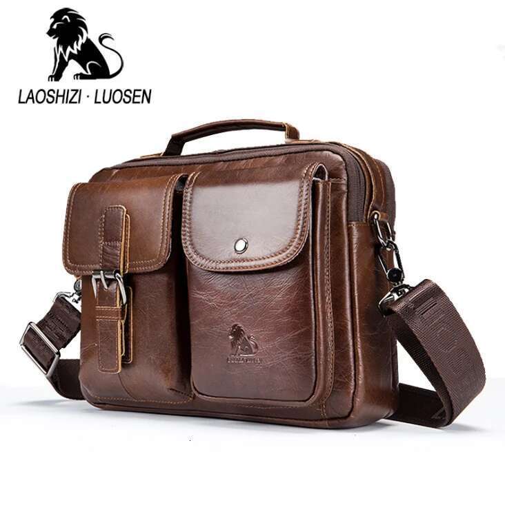 LAOSHIZI LUOSEN Men Genuine Leather Shoulder Men's Handbag Vintage Crossbody Tote Business Man Messenger Bag